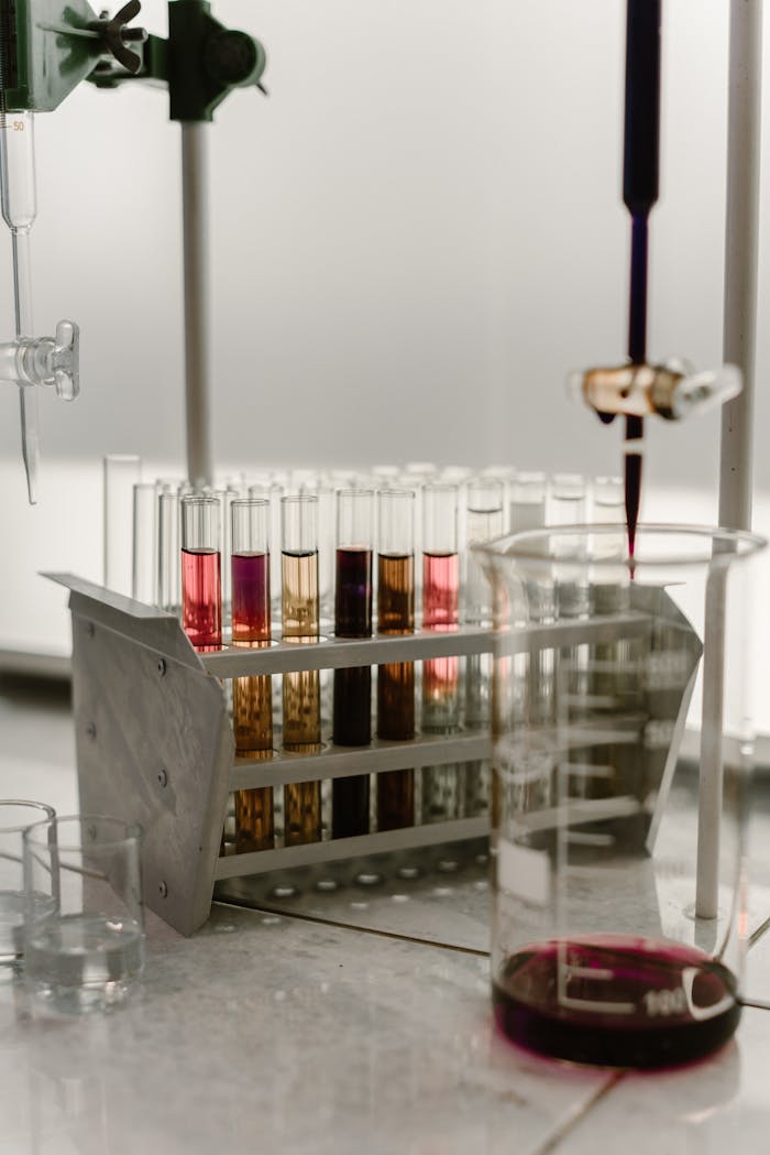 Colorful liquids in test tubes and a beaker in a science lab setting.